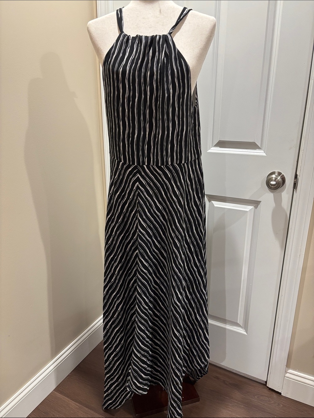 Black and White Striped Halter Maxi Dress